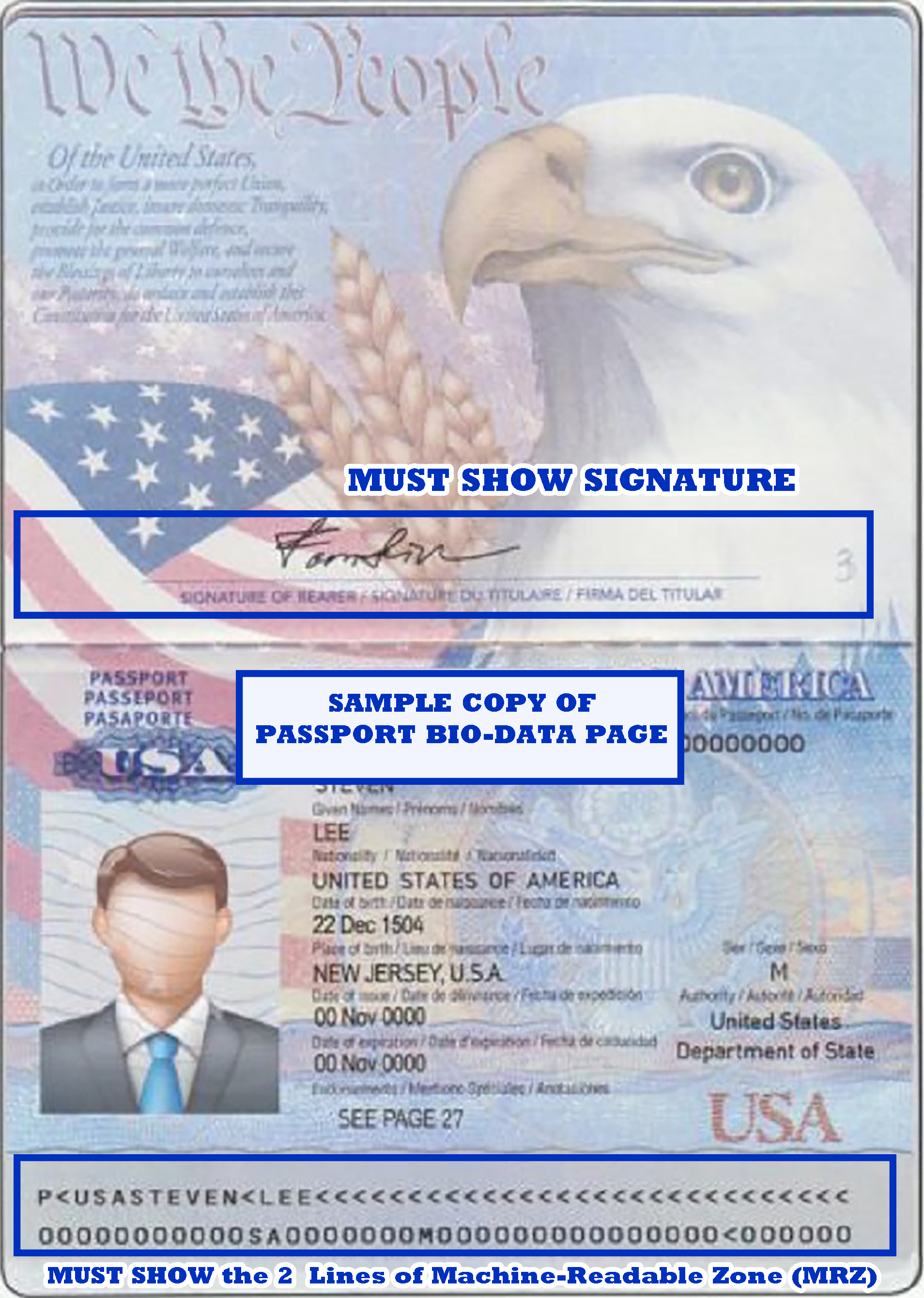 Sample passport bio-data page showing the signature and machine-readable zone